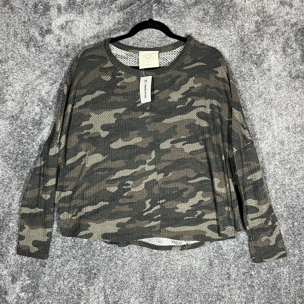 Fantastic Fawn Pullover Womens Small Olive Camo Waffle Knit Long Sleeve USA